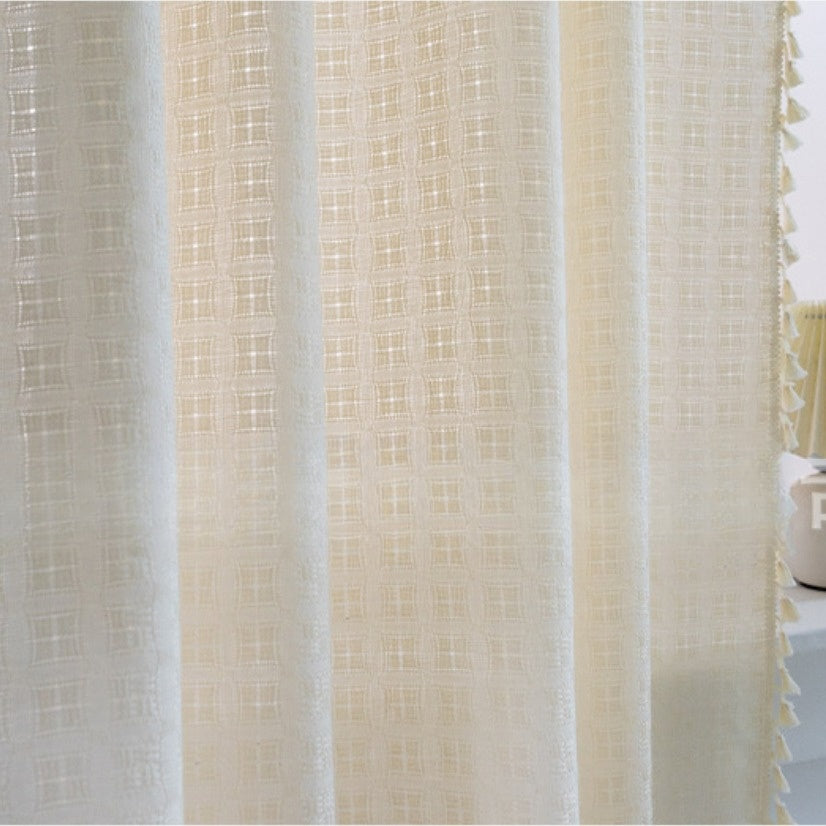 French Jacquard Fringe Sheer Curtains,  White/Beige