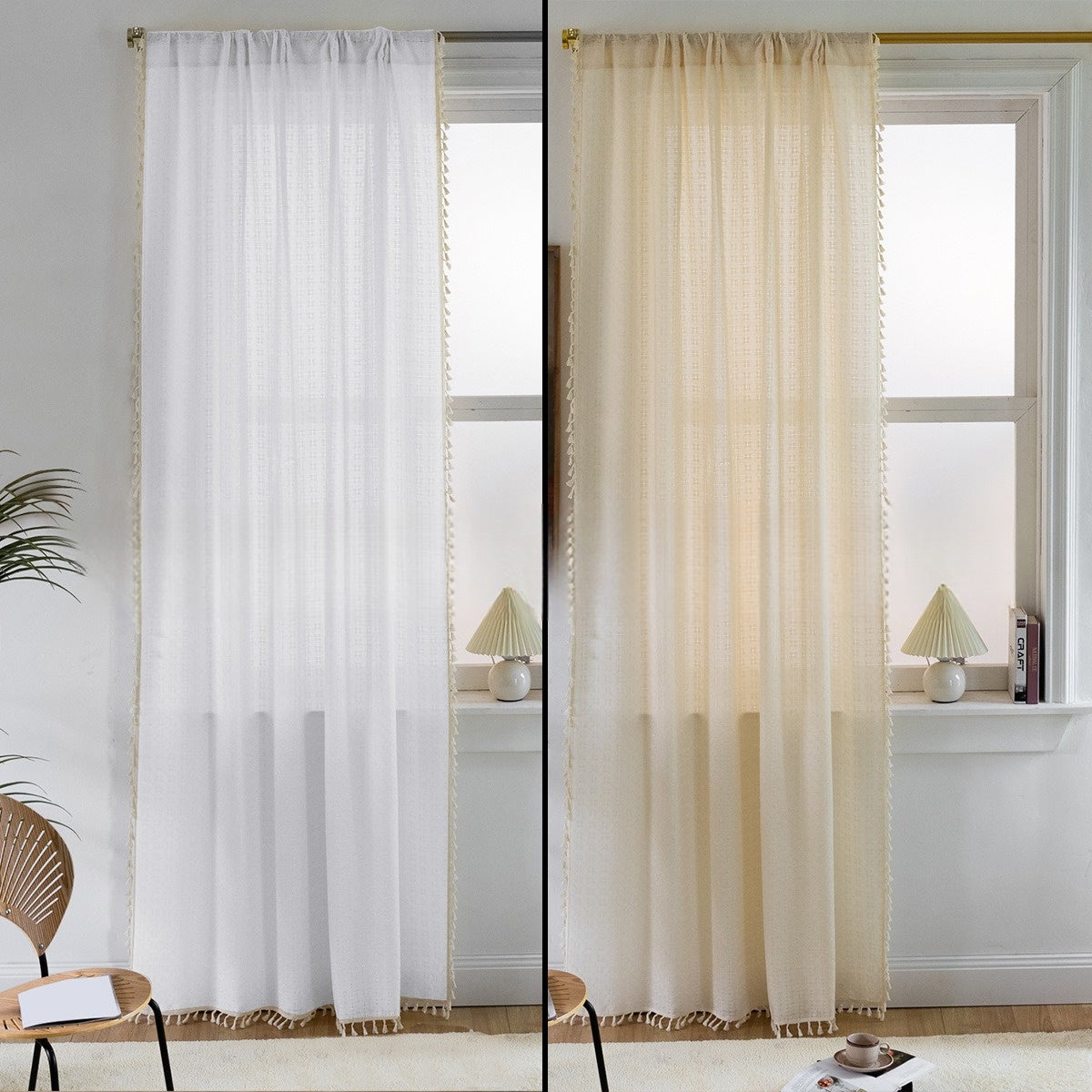 French Jacquard Fringe Sheer Curtains, White/Beige