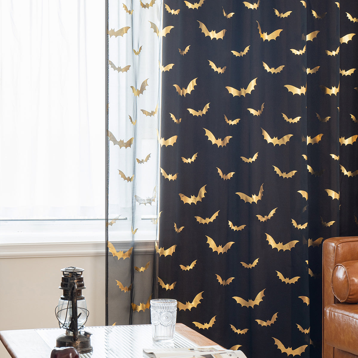 Modern Black Bat Print Sheer Polyester Curtains