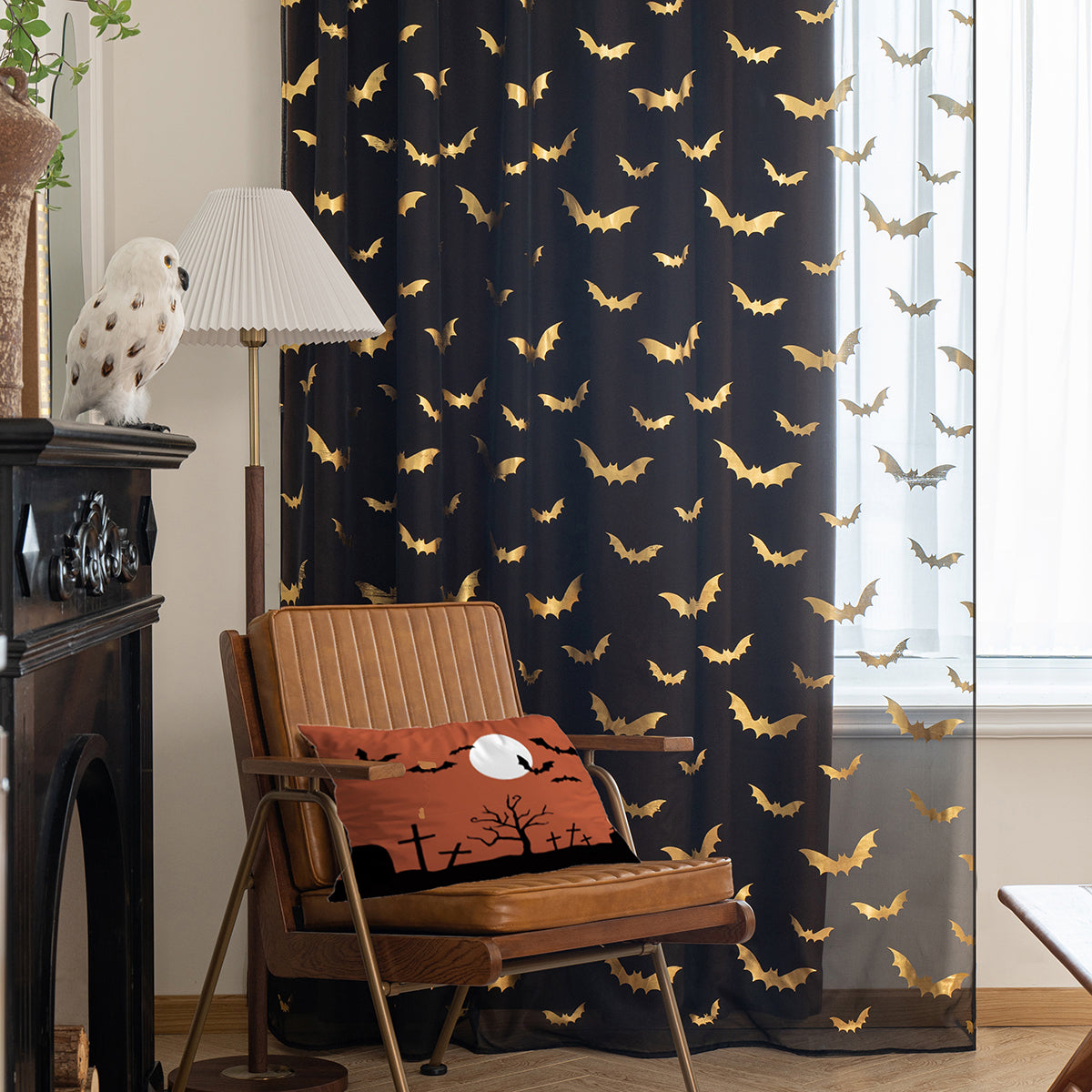 Modern Black Bat Print Sheer Polyester Curtains