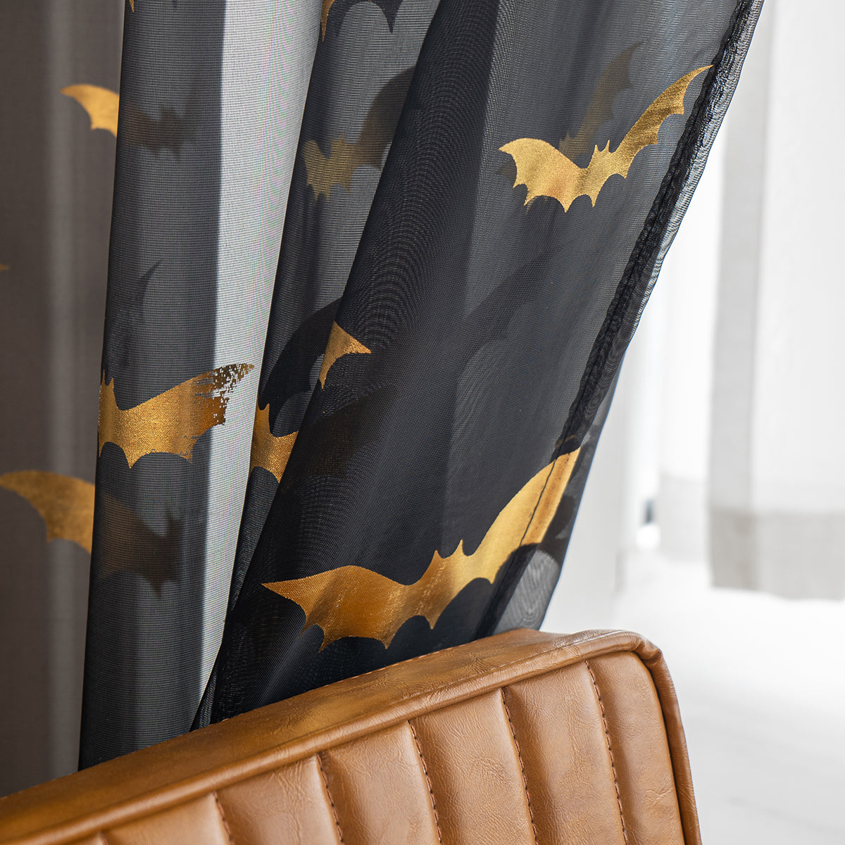 Modern Black Bat Print Sheer Polyester Curtains