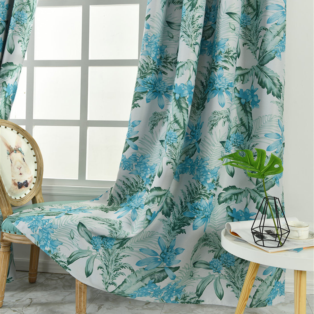 Modern Blue Plant Forest Nature Pattern Blackout Curtain