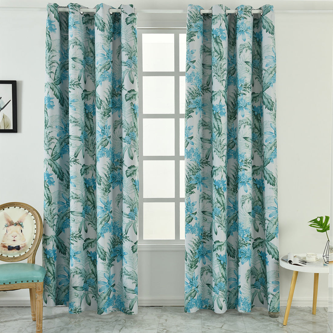 Modern Blue Plant Forest Nature Pattern Blackout Curtain