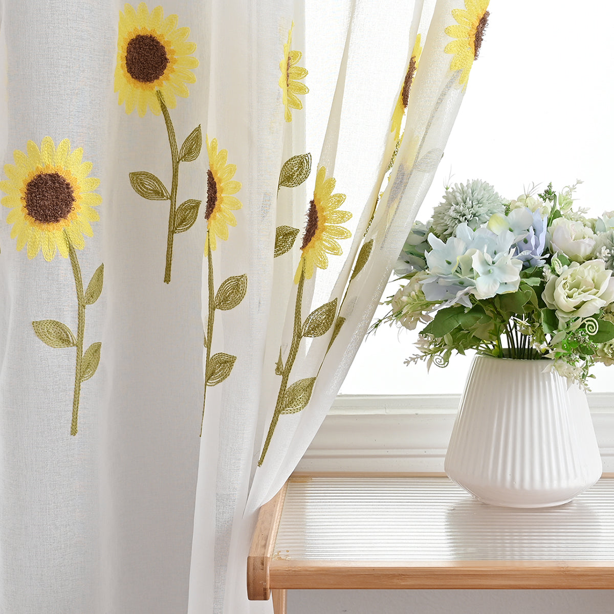 Farmhouse White Sunflower Sheer Curtain