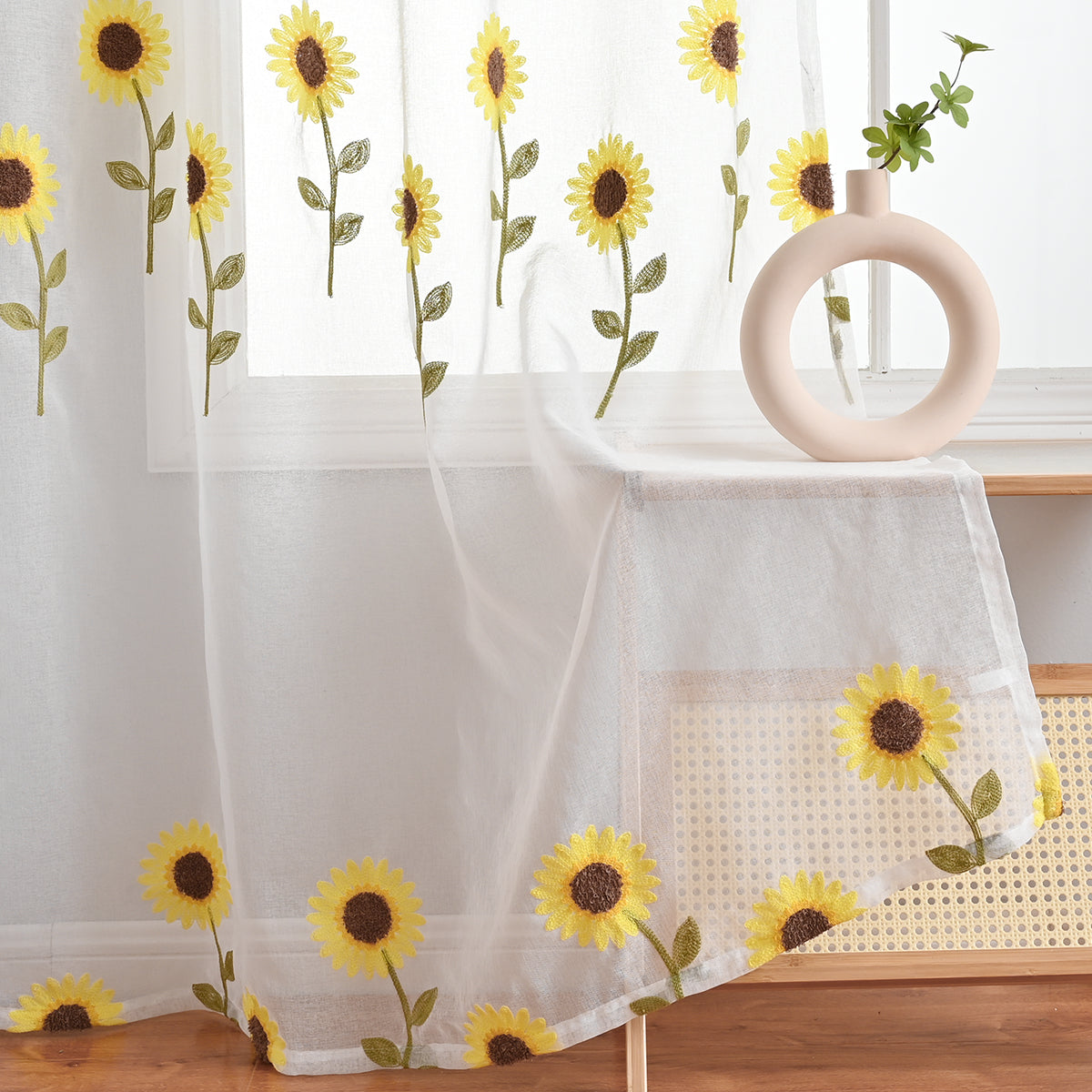 Farmhouse White Sunflower Sheer Curtain