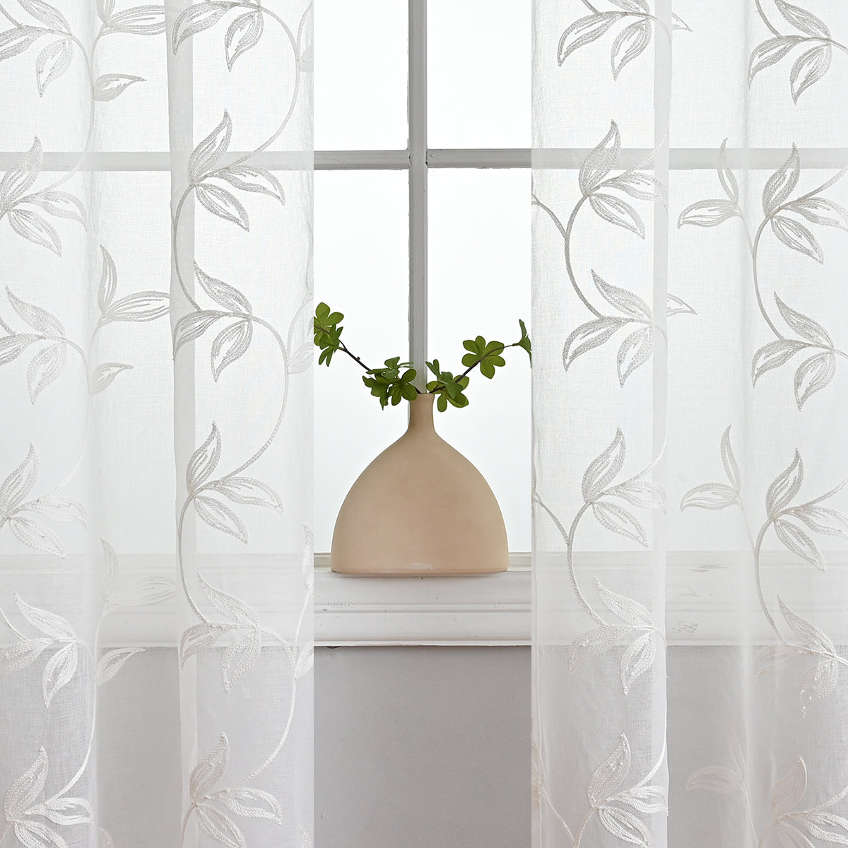 Modern Flower And Leaf Polyester Sheer Curtains, White/Gray