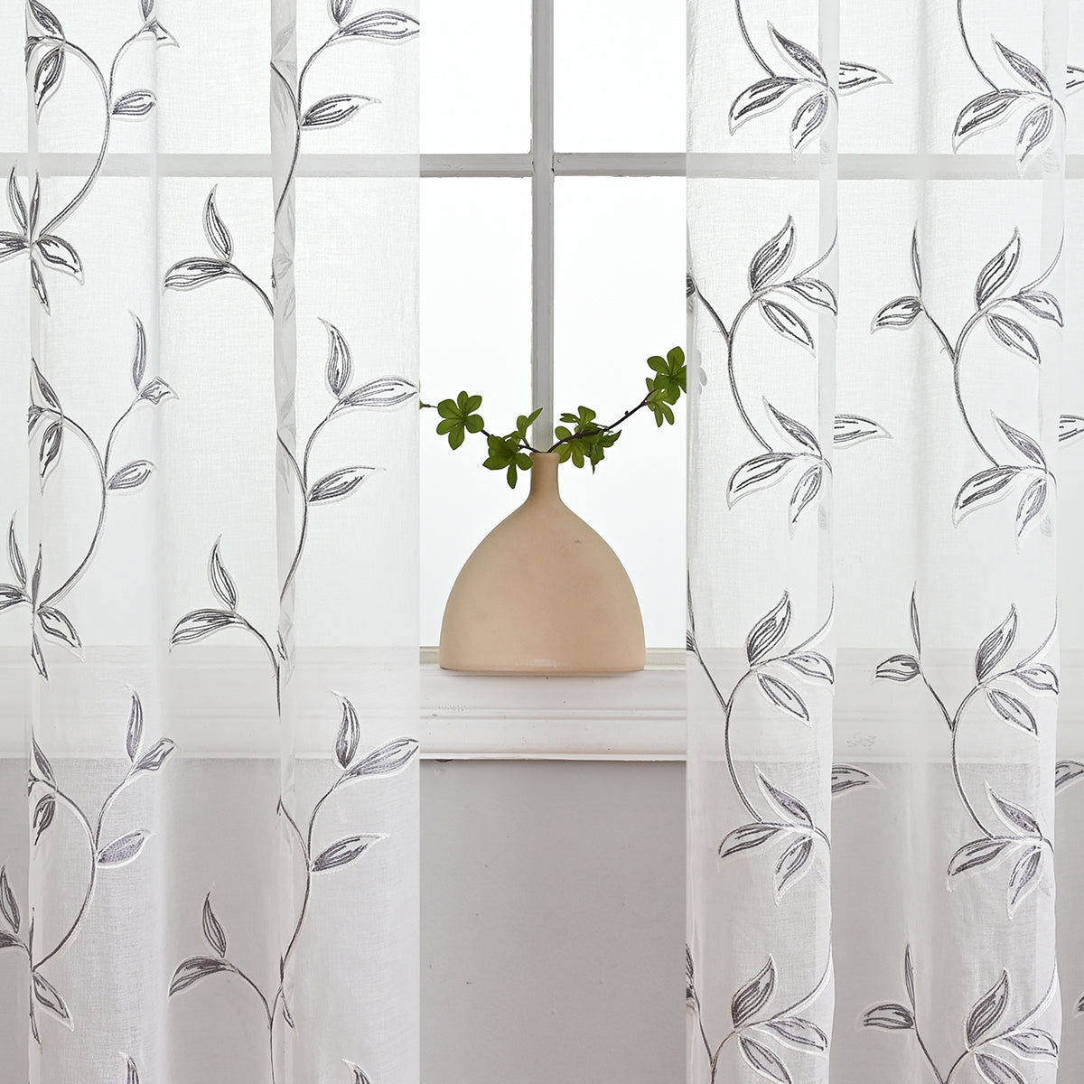 Modern Flower And Leaf Polyester Sheer Curtains, White/Gray