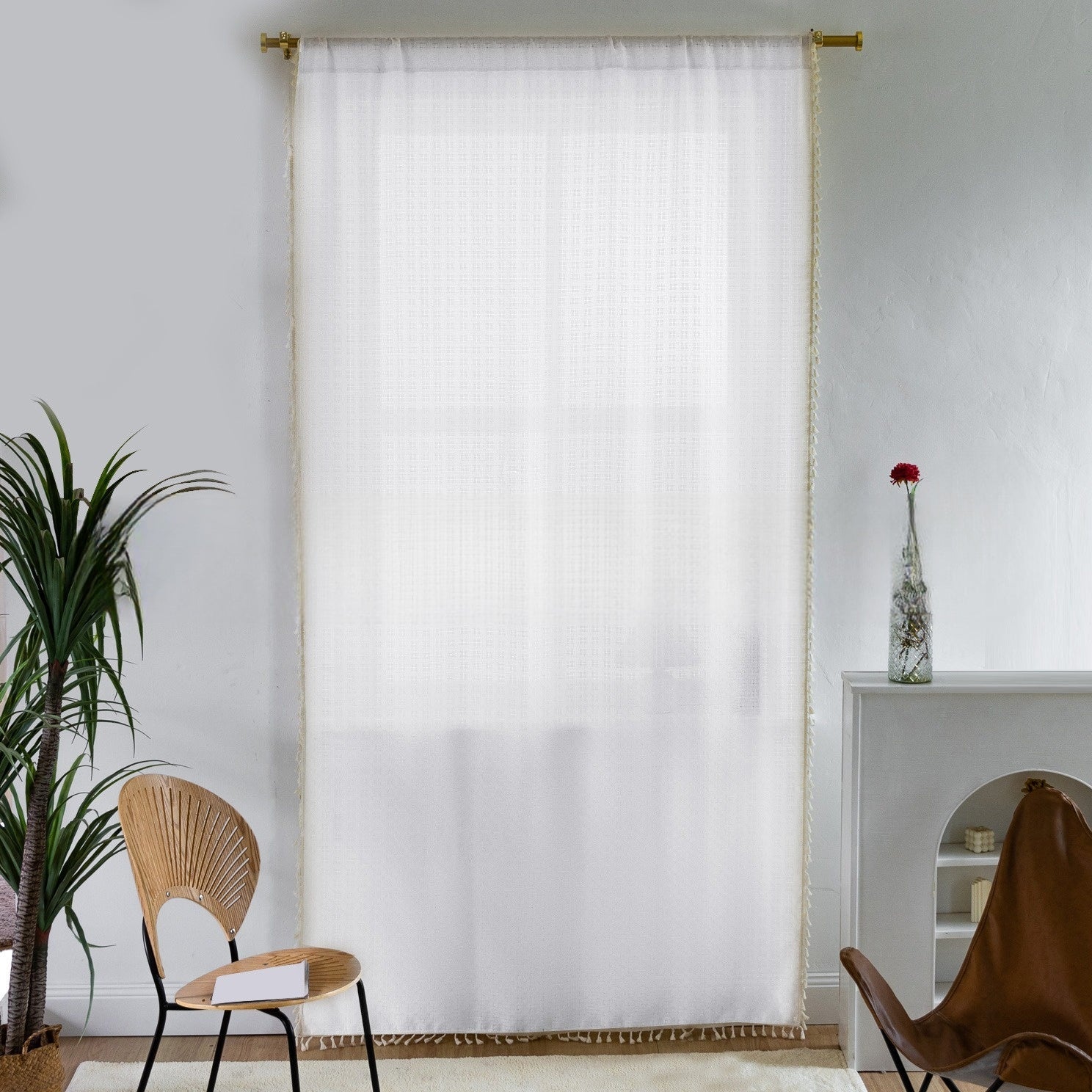 French Jacquard Fringe Sheer Curtains,  White/Beige