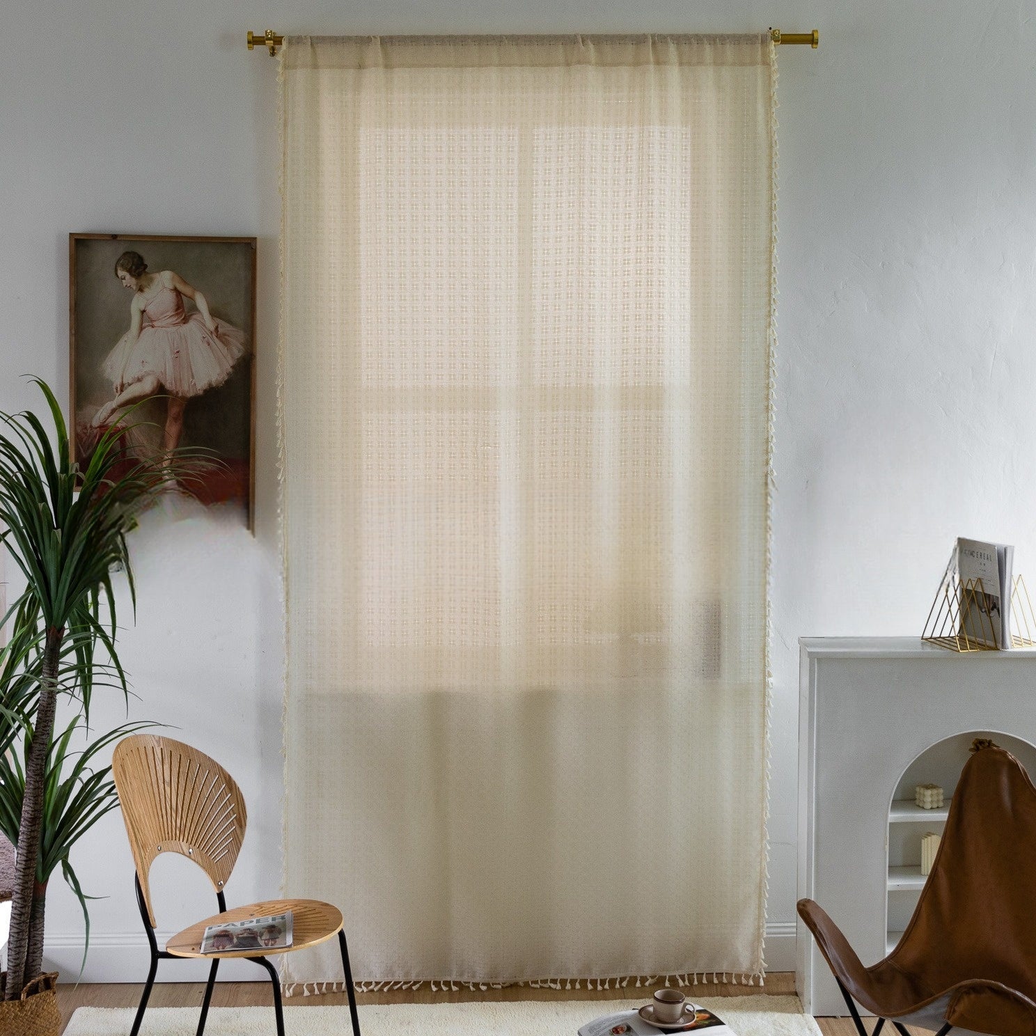 French Jacquard Fringe Sheer Curtains,  White/Beige