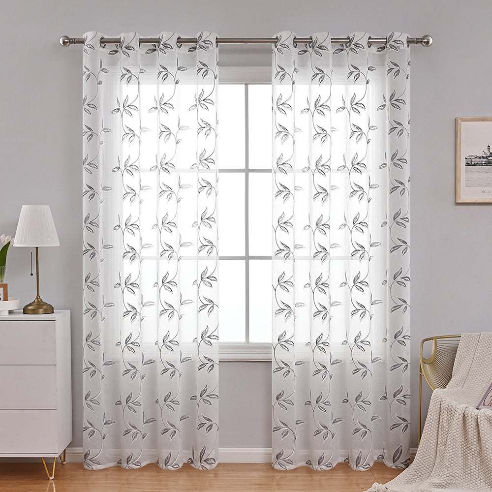 Modern Flower And Leaf Polyester Sheer Curtains, White/Gray