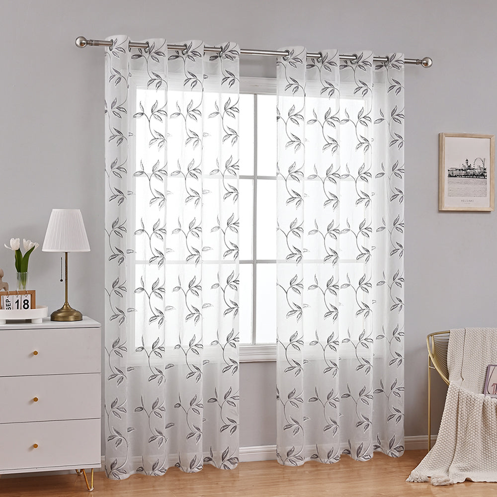 Modern Flower And Leaf Polyester Sheer Curtains, White/Gray