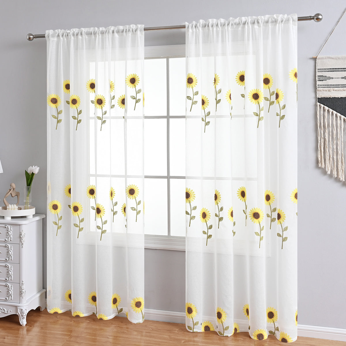 Farmhouse White Sunflower Sheer Curtain