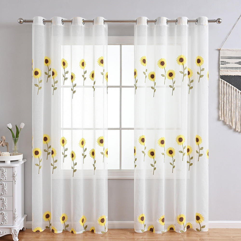 Farmhouse White Sunflower Sheer Curtain