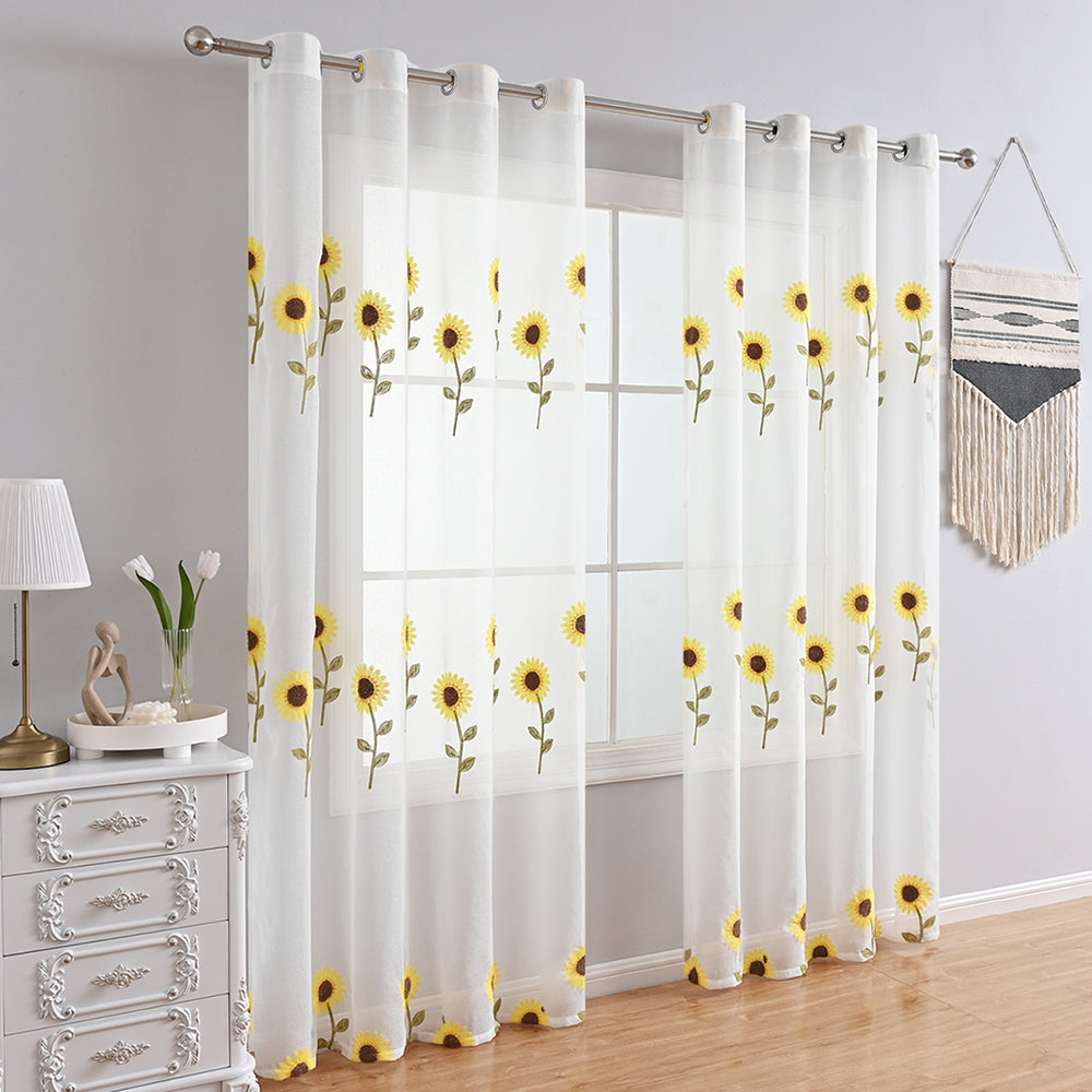 Farmhouse White Sunflower Sheer Curtain