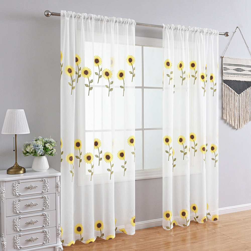 Farmhouse White Sunflower Sheer Curtain