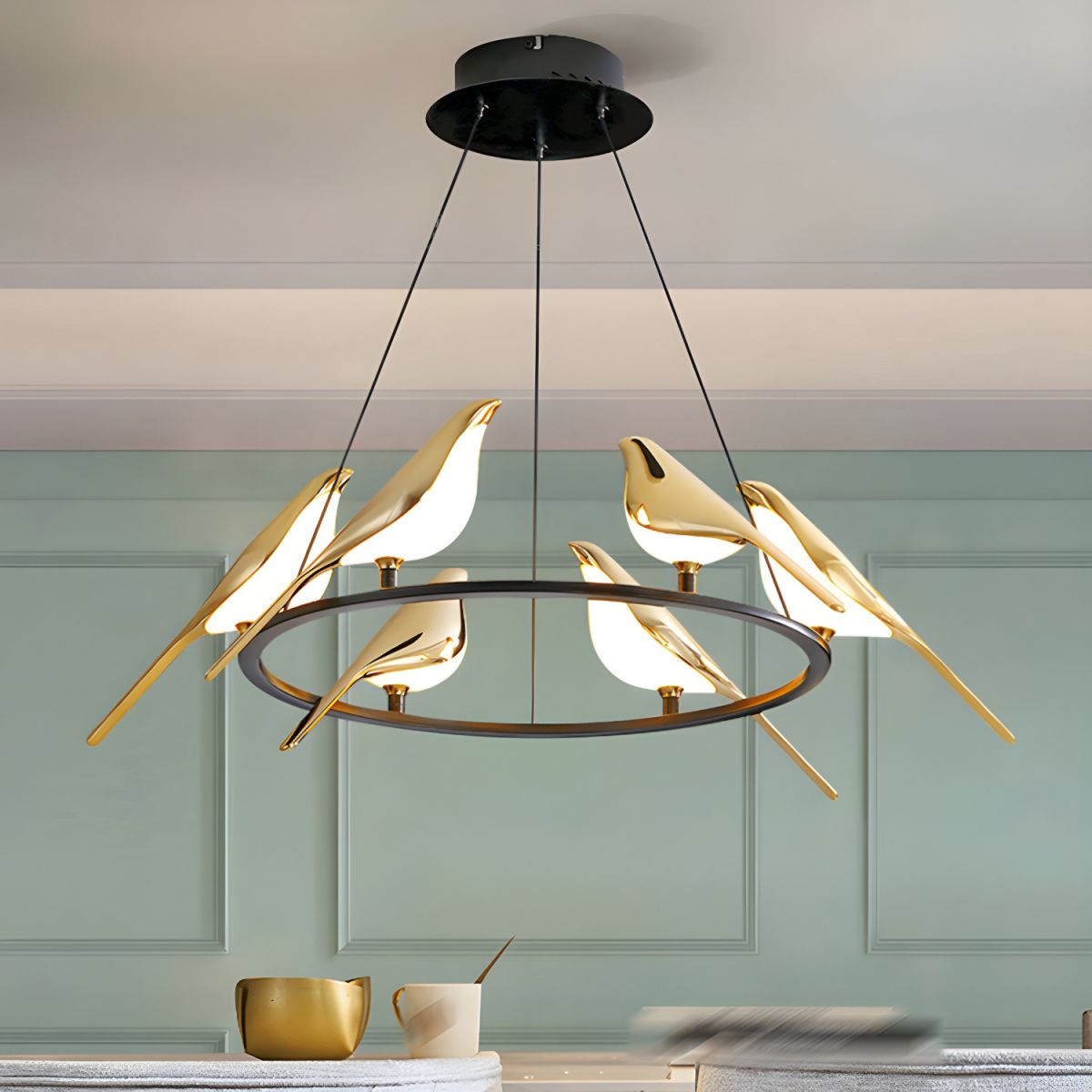 Alice Art Deco Modern Bird Pendant Light, 3/6/9 Heads, Gold