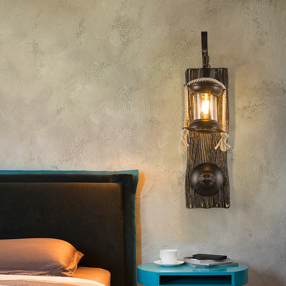 Alessio Wall Lamp Retro Lantern Ring Black Wooden, Bedroom