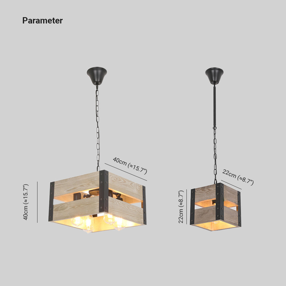 Alessio Retro Vierkante Hanglamp Van Metaal En Hout Woonkamer 4 Lampenkappen 2 Stijlen