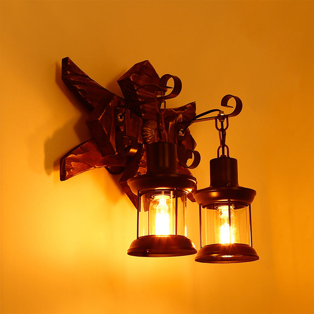 Austin Decoratief Vintage Lantaarn Wandlamp Dubbel Licht Hout, Woonk/Eetk/ Slaapkamer